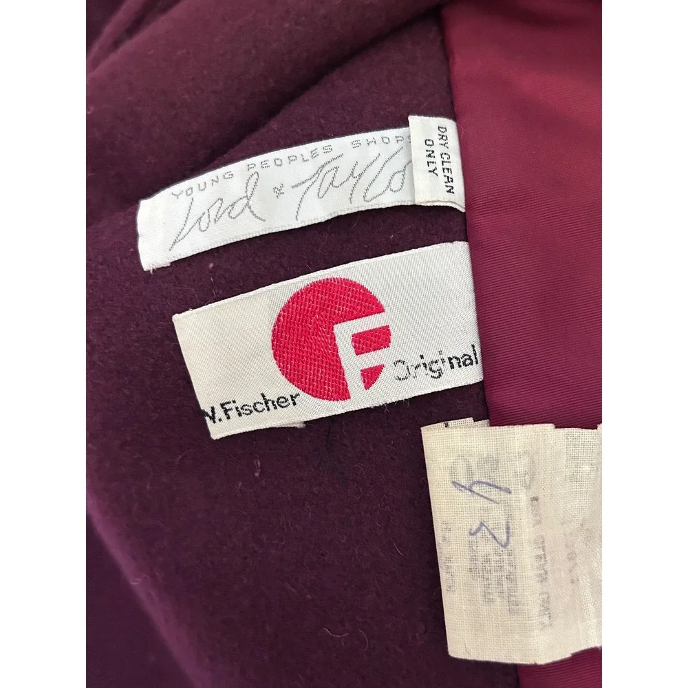 Vintage Lord & Taylor N. Fischer Burgundy Wool Velvet Trim Coat Youth Size 12